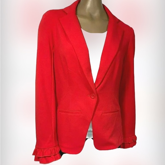 SOHO New Red 🌹 ❤️Blazer Long Sleeves w/Beautiful Feminine Ruffles At Wrist SZ L - Picture 5 of 9
